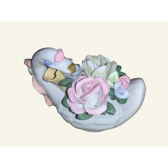 Vintage Porcelain Swan & Basket Figurines With Florals - Picture 2 of 15